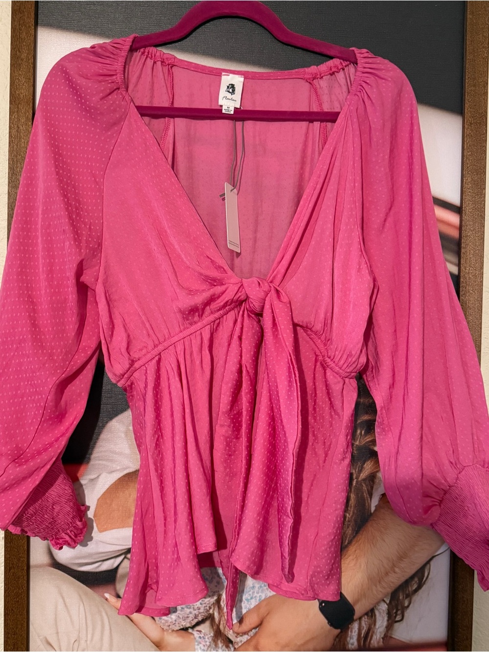 Women’s Hot Pink Tie-Front Peasant Blouse